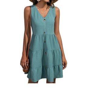 SUVIMUGA Woman Green Button-Accent  V-Neck Sleeveless Dress, Size XL